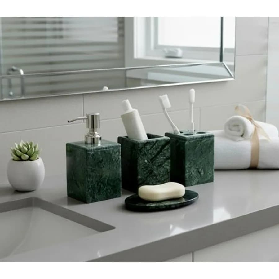 Set di accessori da bagno in pietra naturale - Set di 4 accessori da bagno composto da dispenser per sapone, portaspazzolino, bicchiere e...