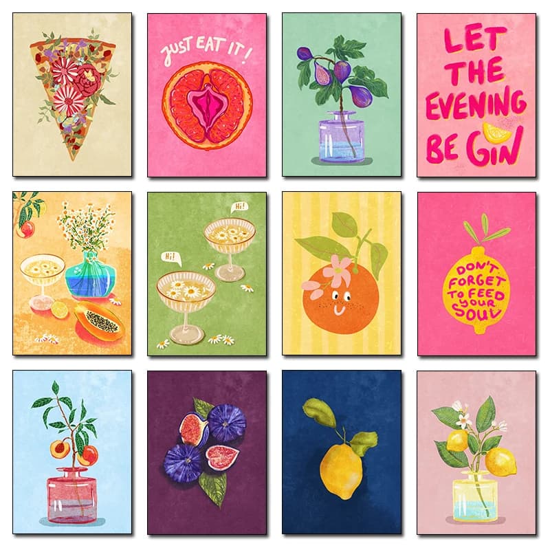 Stampe d'arte da parete con illustrazioni di Just Eat It, poster di cibo e bevande, pesco in vaso, pittura a diamante, decorazioni per la casa, arte da cucina, senza cornice