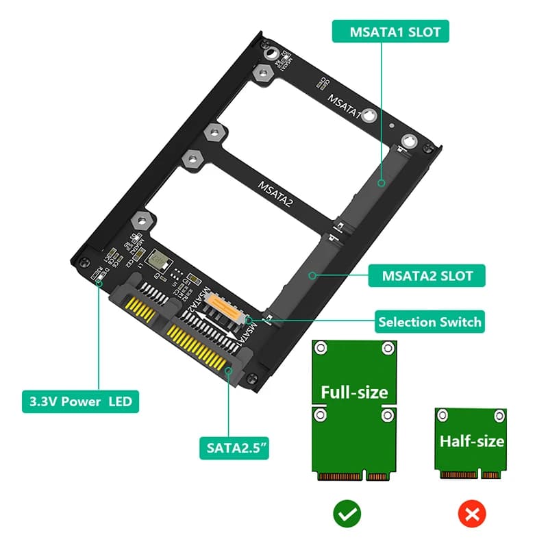 With Metal Case Socket Enclosure mSATA to SATA Adapter Riser mSATA SSD Adapter Dual mSATA SSD To 2.5" SATA3.0 6Gbps Adapter Card
