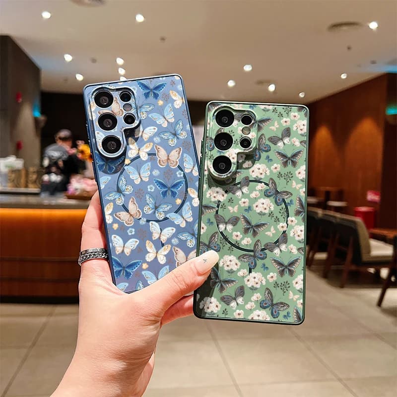 Cover per telefono con farfalla e fiori per Samsung Galaxy A37 A56 A26 5G A57 A17, antiurto, compatibile con ricarica wireless Magsafe, cover magnetica