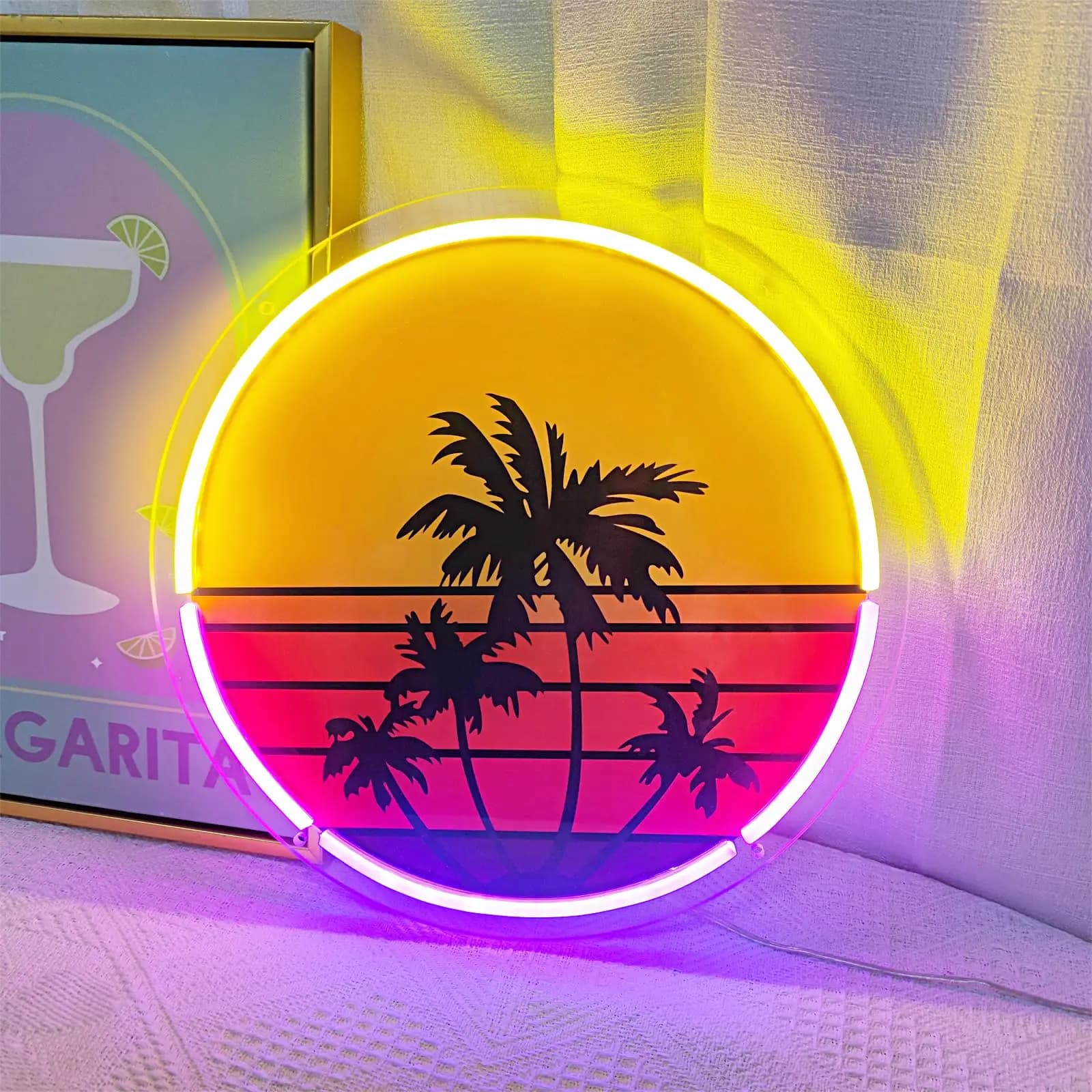 Luce al neon al tramonto adatta per la camera da letto, bar, uomo, grotta, decorazione da parete, targa al neon al tramonto e palmo