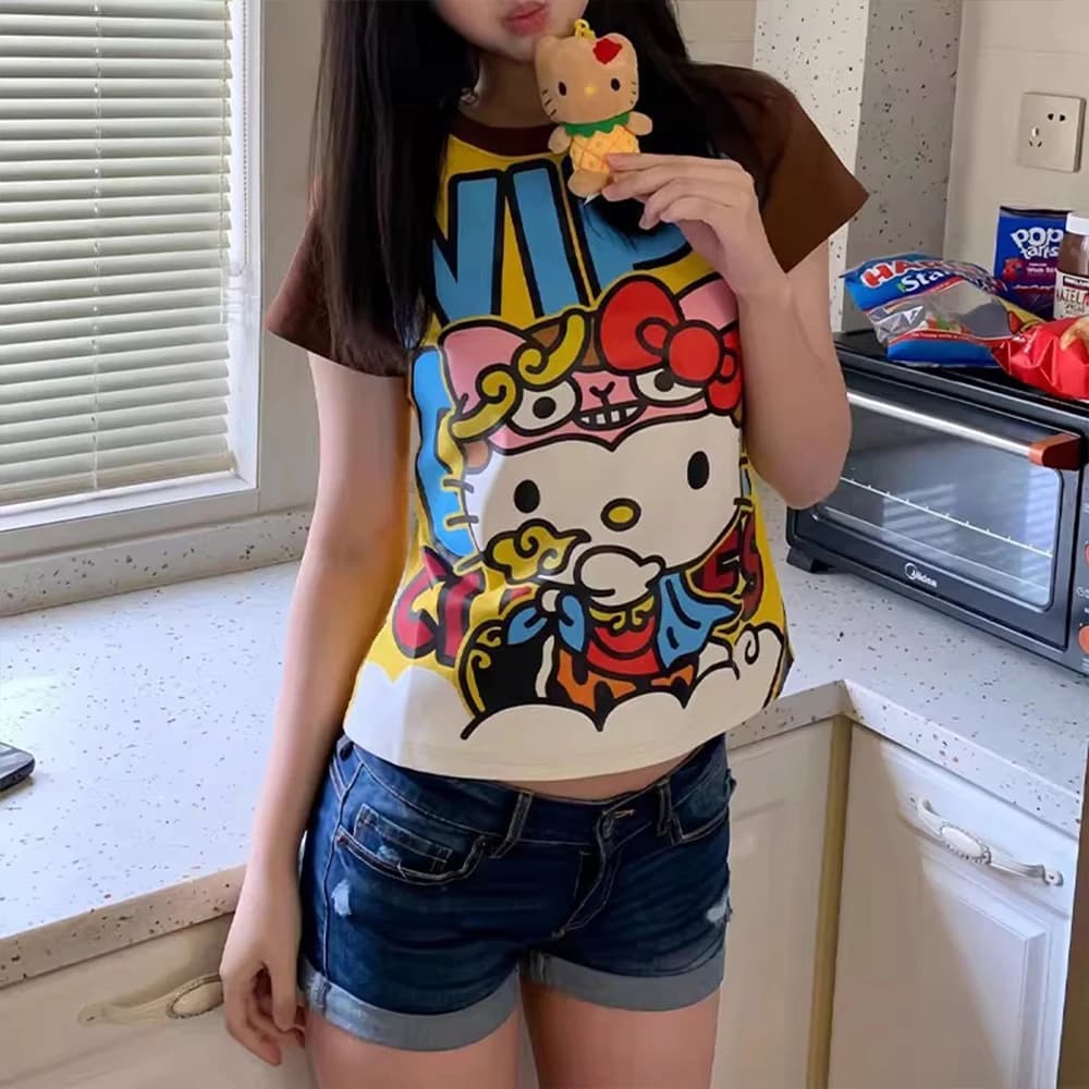T-shirt Corta Estiva Y2K Sanrio Hello Kitty Nuova Moda Anime Stampa Cartoon Gotica Carina Maglietta Corta Calda 2025 Nuovo Modello