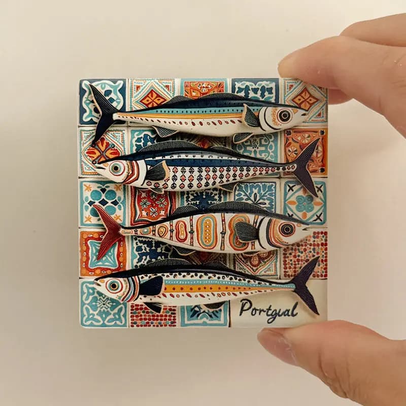 Portugal Painted Ceramic Fridge Magnet Four Fish Flat Tile World Travel Souvenir Gift