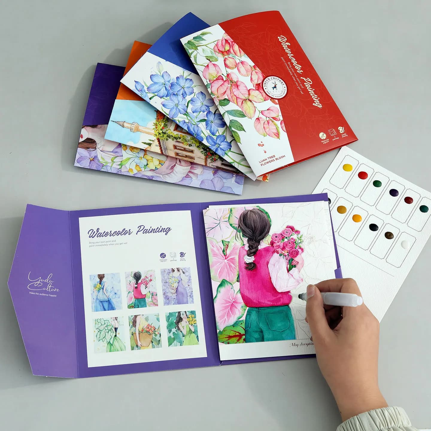 Creative Watercolor Painting Book with 12 Colors Pigment DIY Graffiti Art Coloring Pages for Beginners