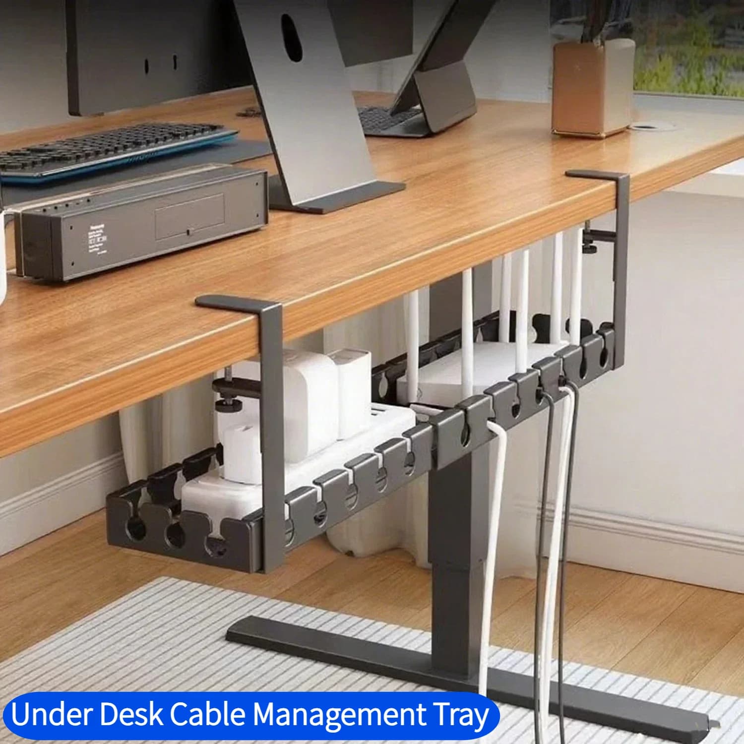 Under Desk Cable Management Tray 15.7"-31" Retractable Metal Wire Organizer Under Table Cord Management with Clamp No Drilling