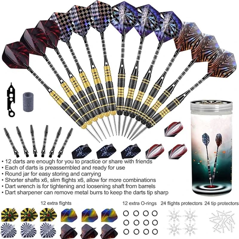 Set di 12 freccette con punta in acciaio da 20g e 24g, freccette professionali con punta in metallo e strumento per affilare, corpo in ottone e asta in alluminio
