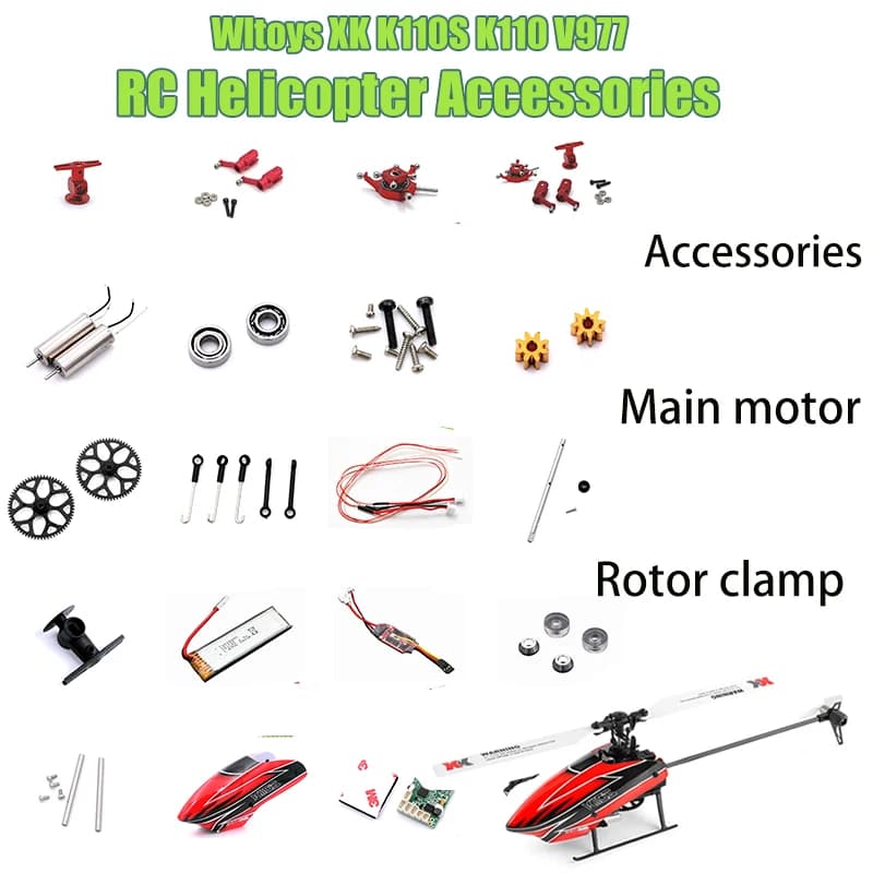 Parti di ricambio Wltoys XKS K110 K110S: Servo, Pale, Ingranaggi, Motore, Rotore, Testa, Coda, Canopy, ESC, Scheda e Accessori per Elicottero RC