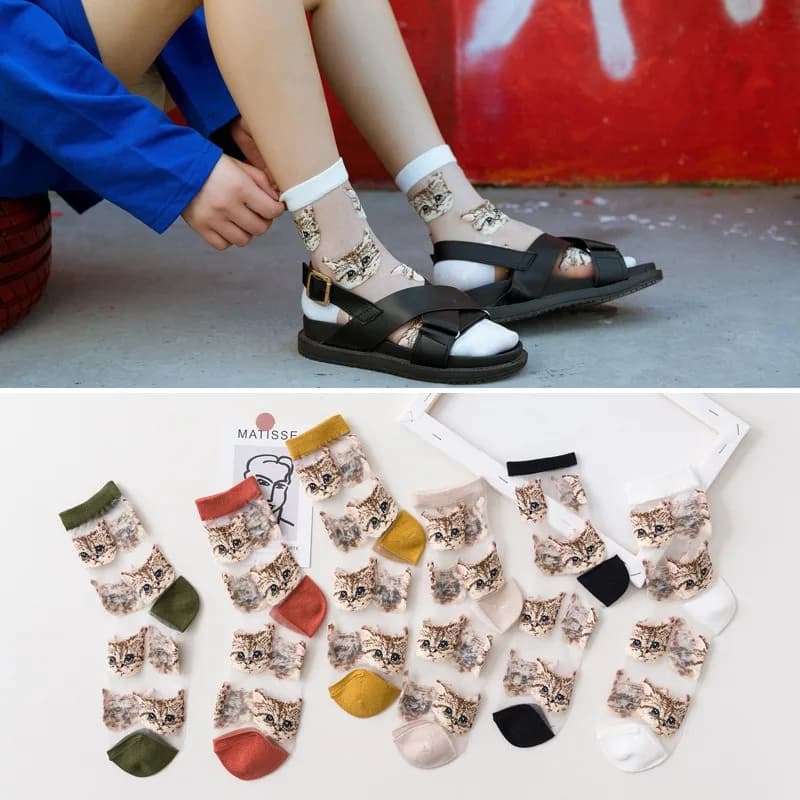 Women Transparent Cute Cat Socks Kawaii Ladies Japanese Fashion Korean Trendy Summer Thin Crystal Silk Sock Glass Fiber Stocking