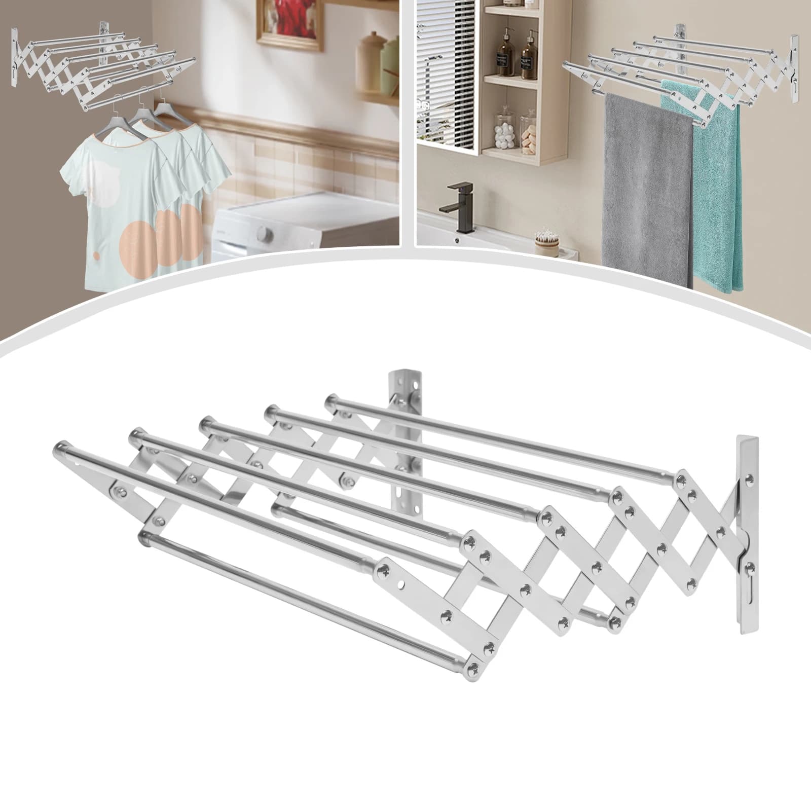 Stendibiancheria da Parete, Stendino Pieghevole Estensibile 42-80cm, Porta Asciugamani Salvaspazio Retrattile per Bagno e Camera da Letto