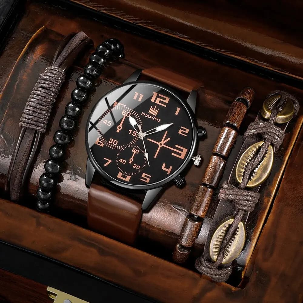 5PCS Set Fashion Mens Sports Bracelet Men's Retro Big Dial Quartz Watch Classic Men's Casual Brown Leather Watch