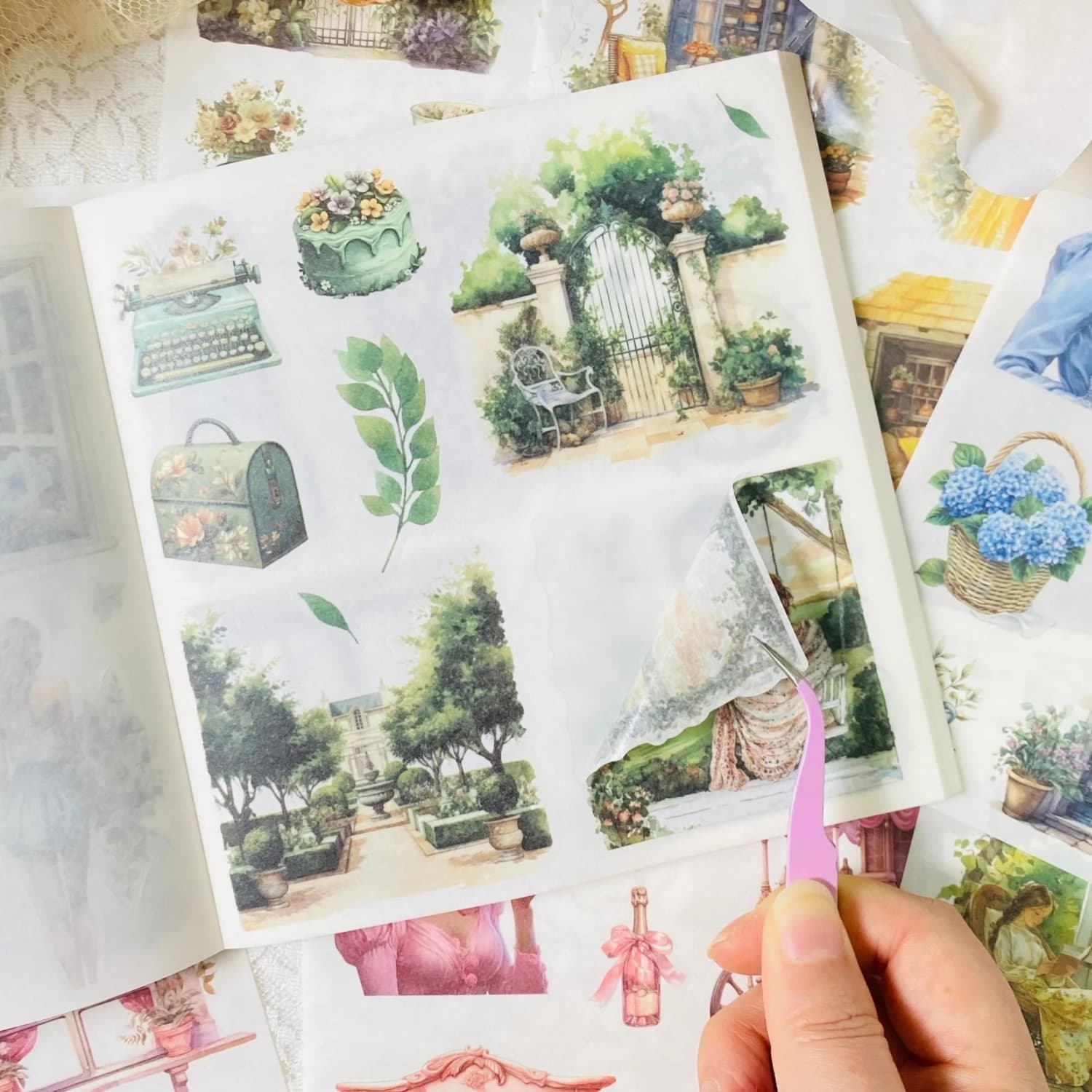 50 fogli di carta Washi pretagliata, album vintage, abbellimento, libro di adesivi per diari spazzatura, pianificatori, forniture per scrapbooking