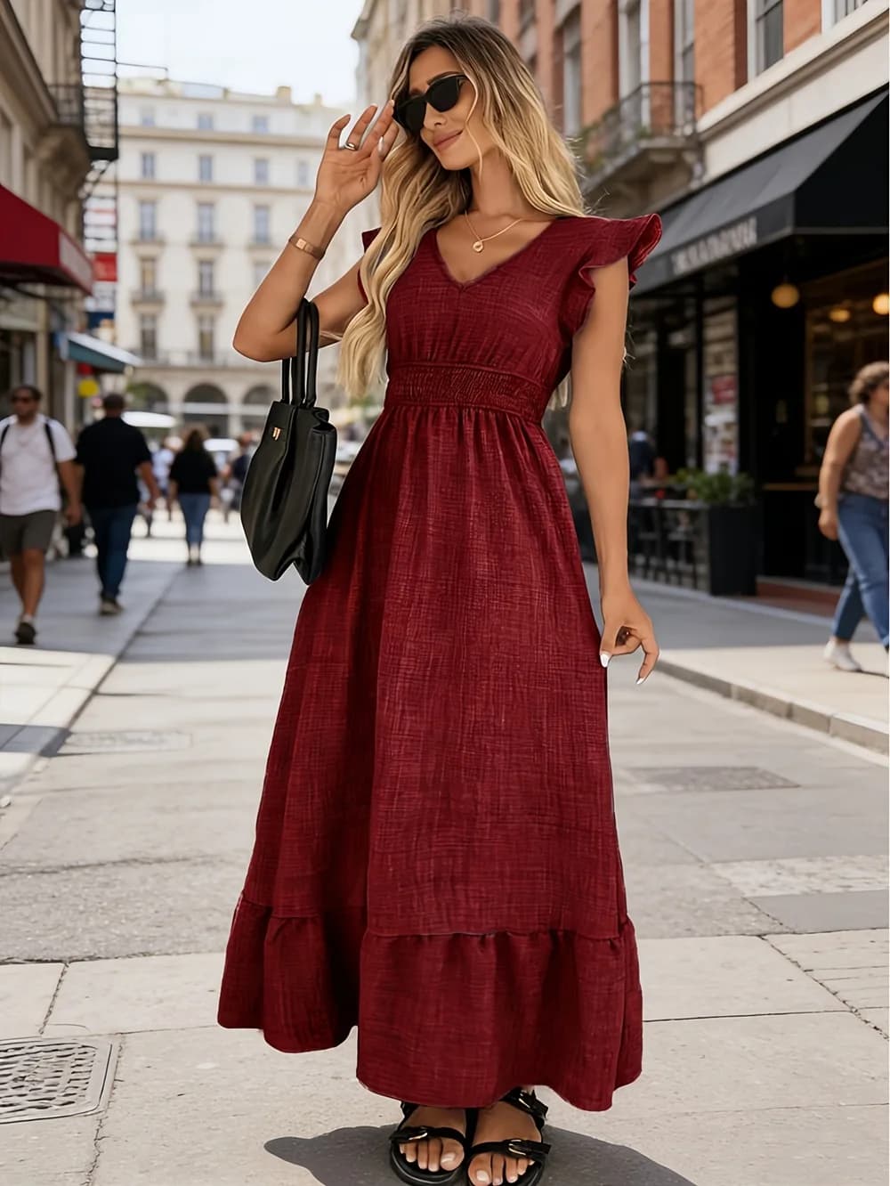 Summer Fly Sleeve Long Dress Women V Neck Slim Fit Beach Vacation Maxi Dresses Streetwear Female Fashion Robes