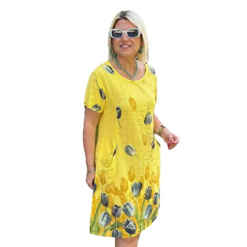 Women's Tulip Print Round Neck Short Sleeve Midi Dress Casual Loose Linen Blend Summer Dress