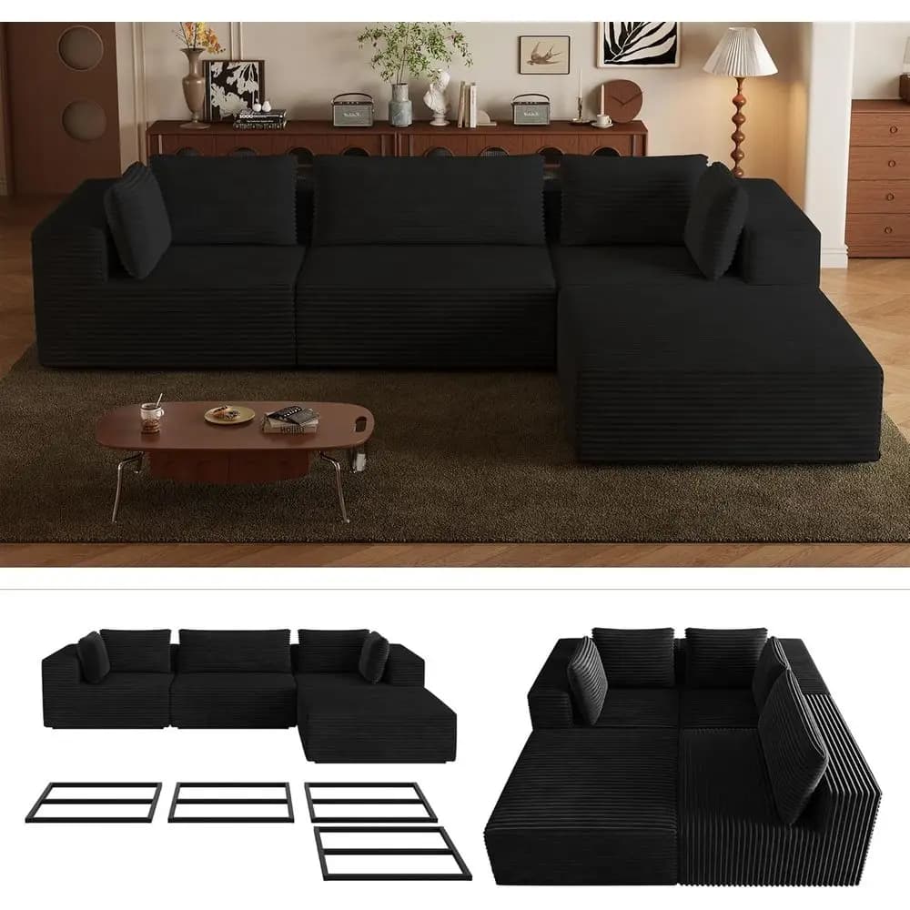 Divano Sezionale SOA da 106 Pollici, Divano a L a 4 Pezzi con Chaise Longue, per Soggiorno o Sala da Pranzo con Struttura in Metallo Robusto e 5 Cuscini, Bon