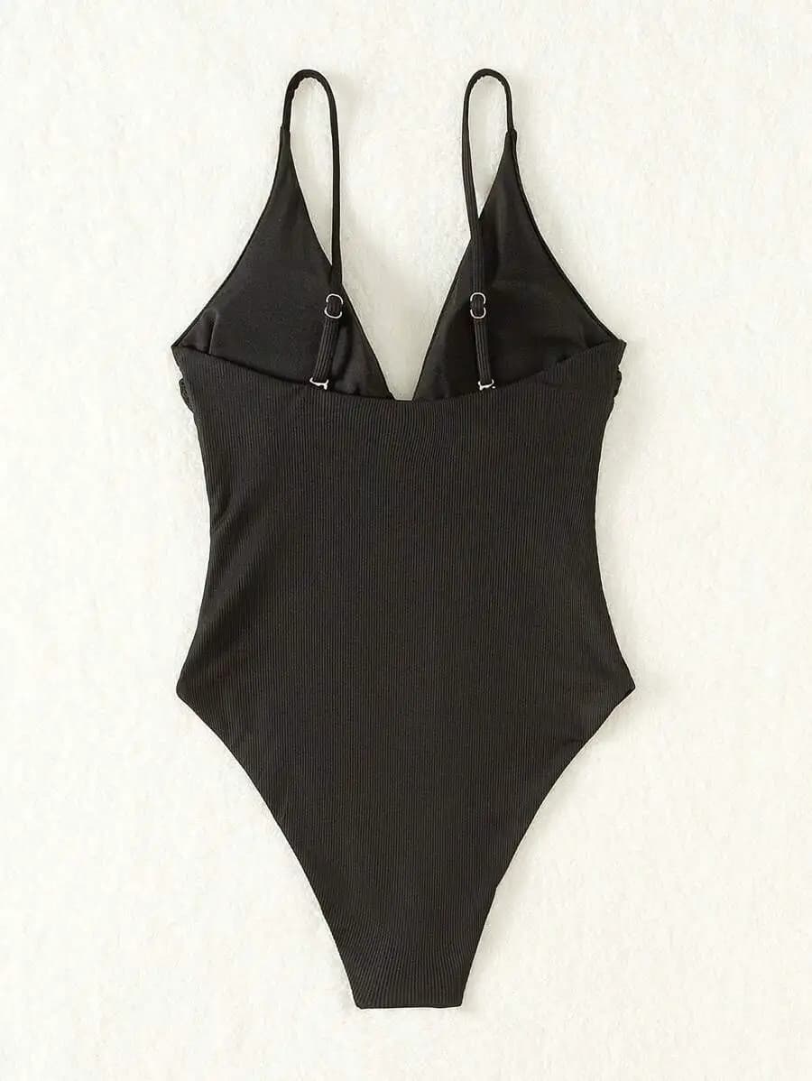 Black Spaghetti Strap Deep V-Neck Fitted Solid One-Piece Swimsuit For Women