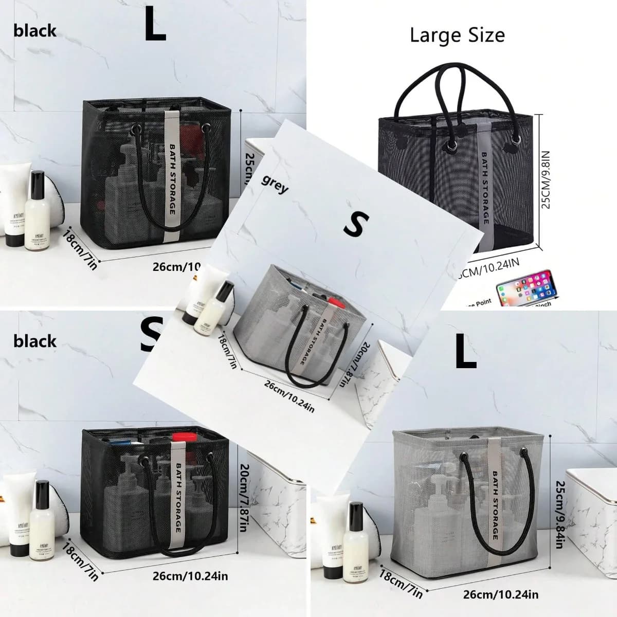Foldable mesh shower caddy for bathroom storage cosmetics shampoo soap makeup travel gym camping quick-dry waterproof tote