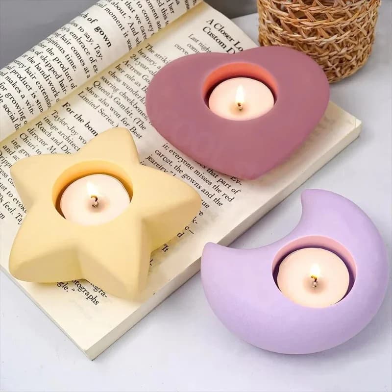 DIY Epoxy Resin Candle Mold Love Moon Star 3D Heart Silicone Mirror Candlestick Holder for Resin Jewelry Making