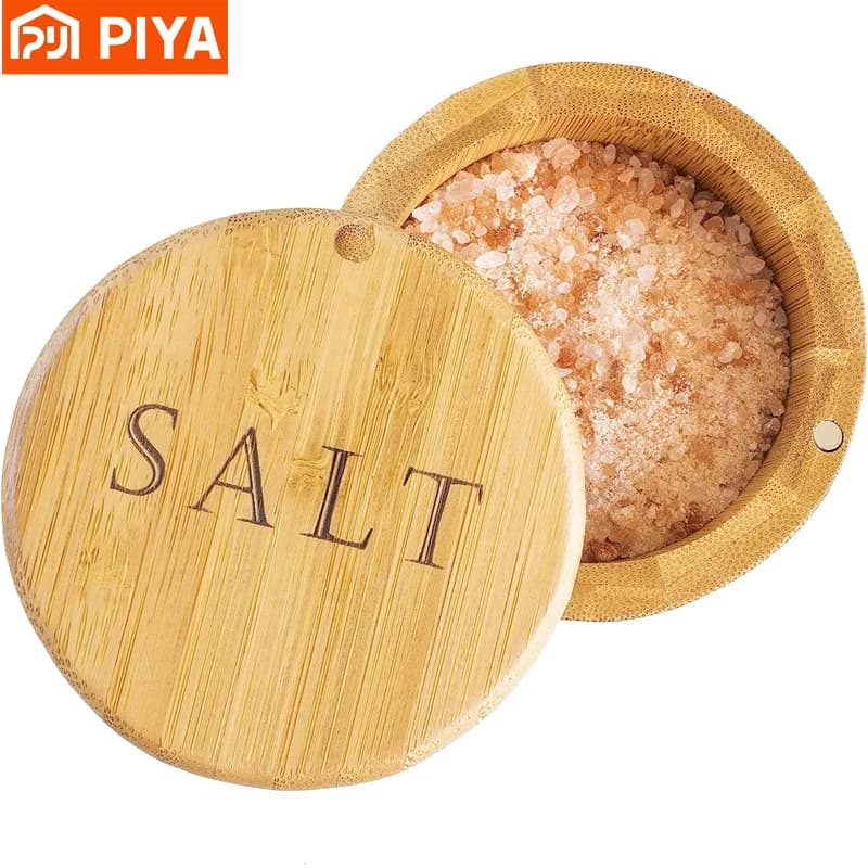 Scatola di immagazzinaggio in bambù per cantina di sale totalmente bambù con coperchio girevole magnetico Scatola di immagazzinaggio per barattolo di sale Contenitore di stoccaggio in legno per condimenti