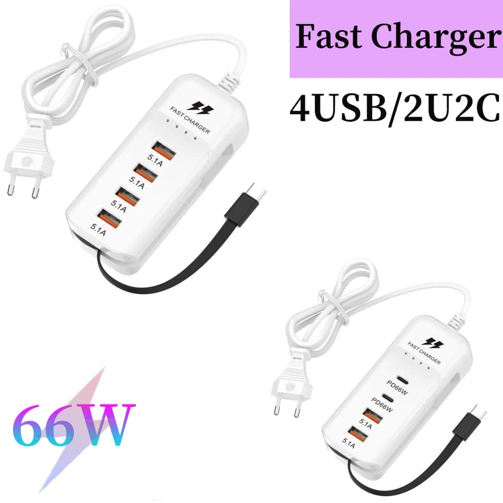 Caricatore da Muro USB PD a 4 Porte da 66W con Hub USB Multi-Interfaccia e Cavo Dati Type-C per iPhone Samsung Xiaomi Huawei