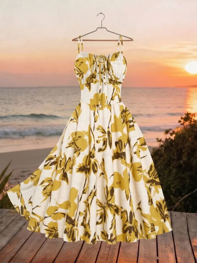 Spaghetti Strap Midi Dress Self Tie Front Gathered Bust Flared Swing Skirt Fashion Outfit For Women Holiday Beach Daily Party Elegant Coordinate Garment Casual Weekend Dating Stylish Wear