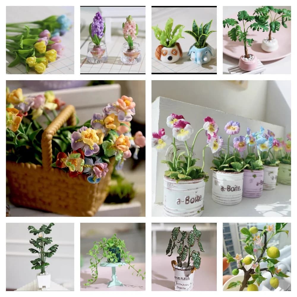 Doll house Mini clay florist Pansy chrysanthemum Iris flower 1/12 miniature Phalaenopsis Morning Glory pot for plants green dolls Bjd