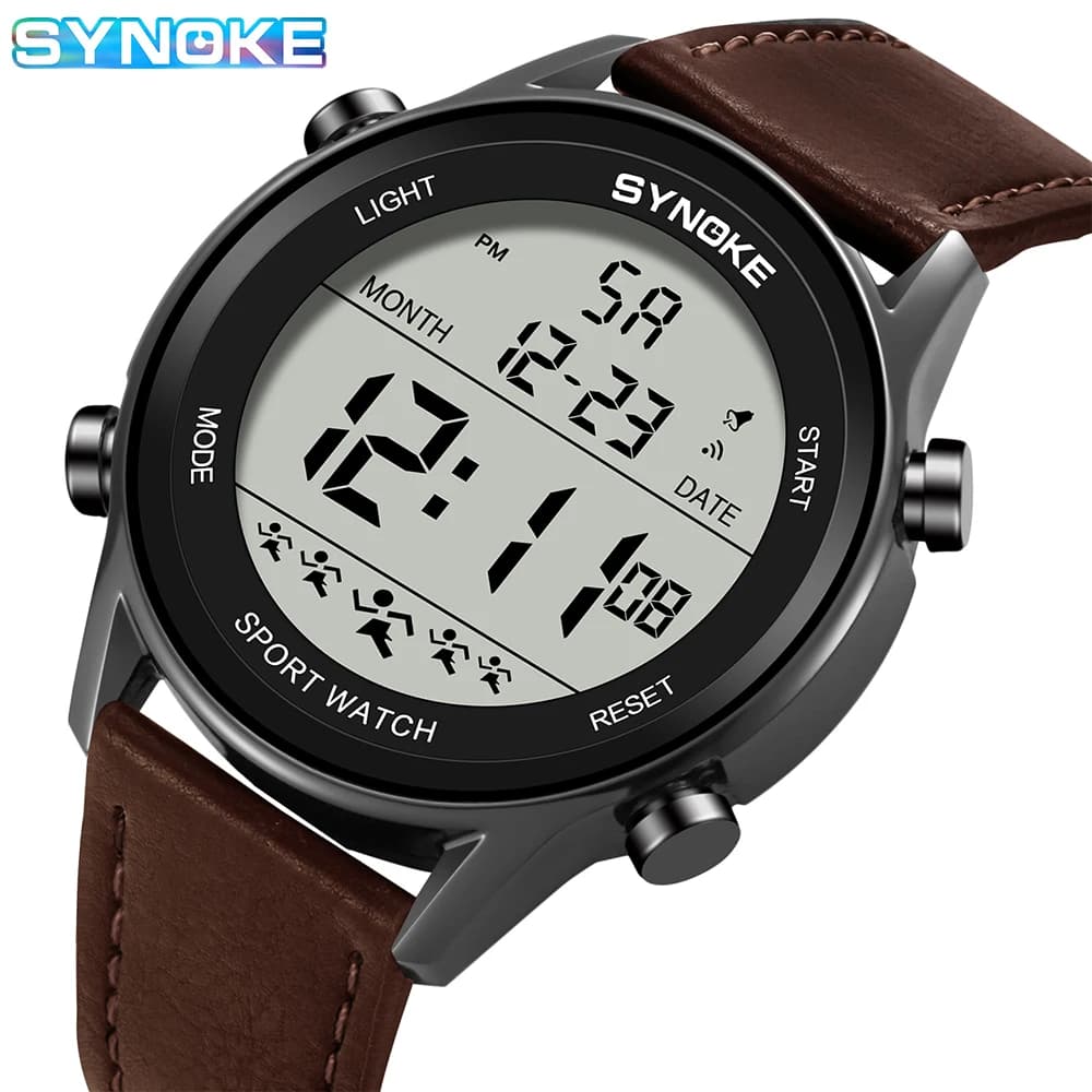 SYNOKE Men Outdoor Sports Multifunctional Waterproof Large Screen LED Digital Light For Men Fashion Belt Watch