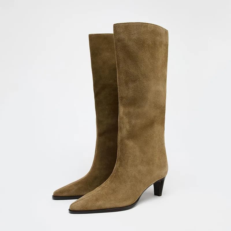 Autumn and Winter New Women High Knee Boots Suede Suede Pointed Heel Cat Cat Chivalry Boots Women's Retro Boots Mid Pulp Fashion