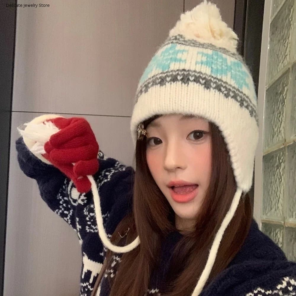 Retro Korean Style Knitted Pullover Hat Wool Warm Jacquard Woolen Hat Vintage Retro Beanies Cap Winter