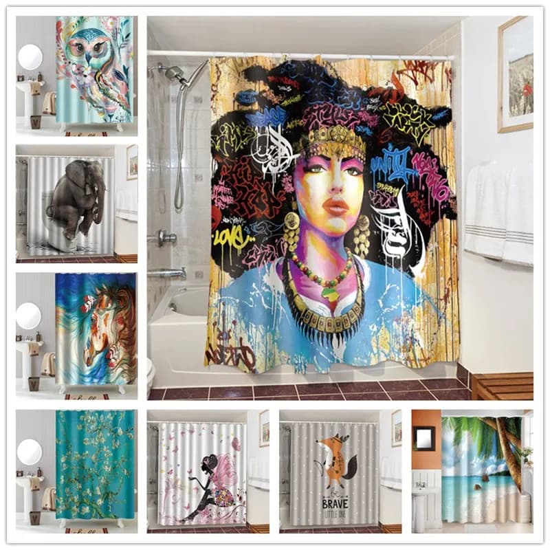 Tende da doccia per la casa impermeabili in poliestere donne uccello cavallo bambini volpe paesaggio naturale stampa tenda da bagno per bagno 150x180