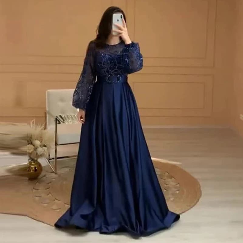 Abiti da sera a trapezio modesti blu Navy maniche lunghe a sbuffo abito da ballo con spacco in raso lucido abito da donna arabo saudita