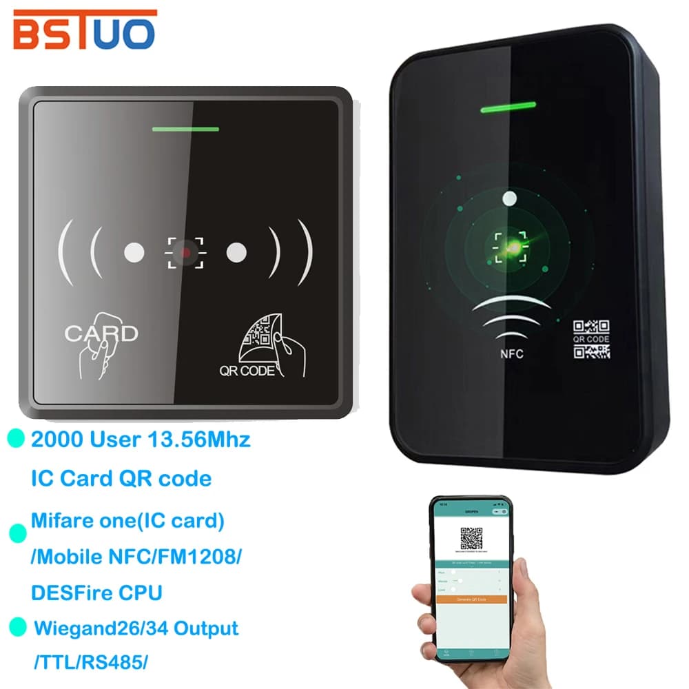 Lettore di codici a barre RFID 13,56 Mhz Lettore di controllo accessi codice QR TTL /RS485/ Wiegand 26/34 Scheda di uscita NFC 20000 APP mobile per utente