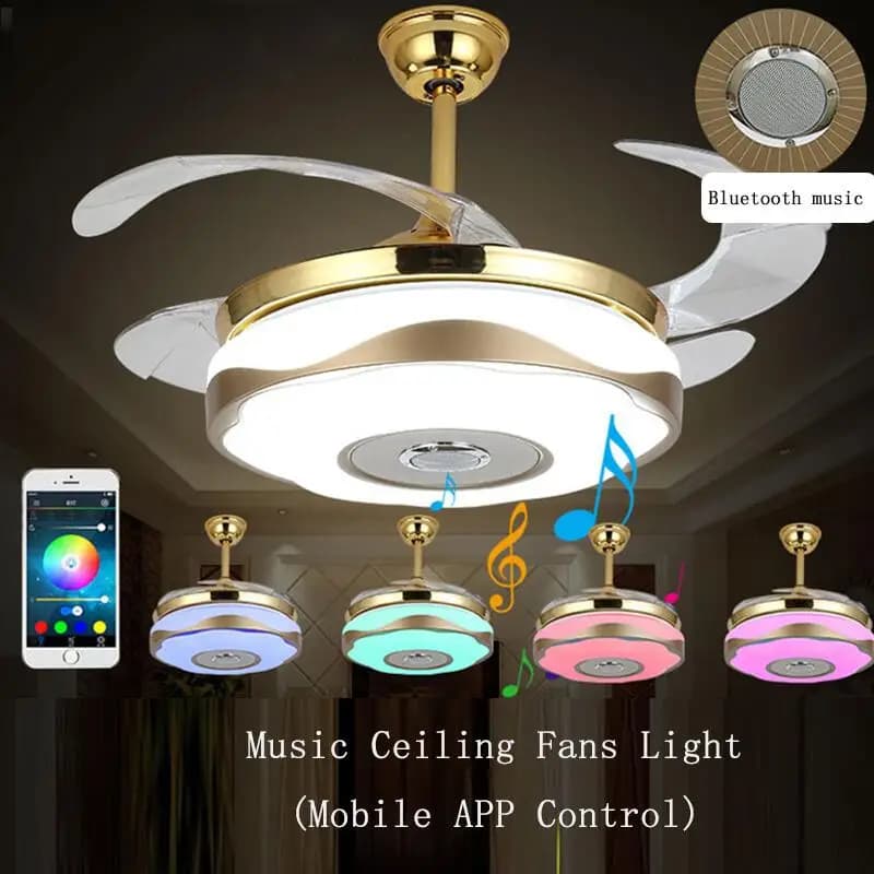 Ventilatore da soffitto musicale con luci LED moderno in lega acrilico ABS Bluetooth. Lampada LED RGB Luce LED. Plafoniere. Plafoniera a LED.