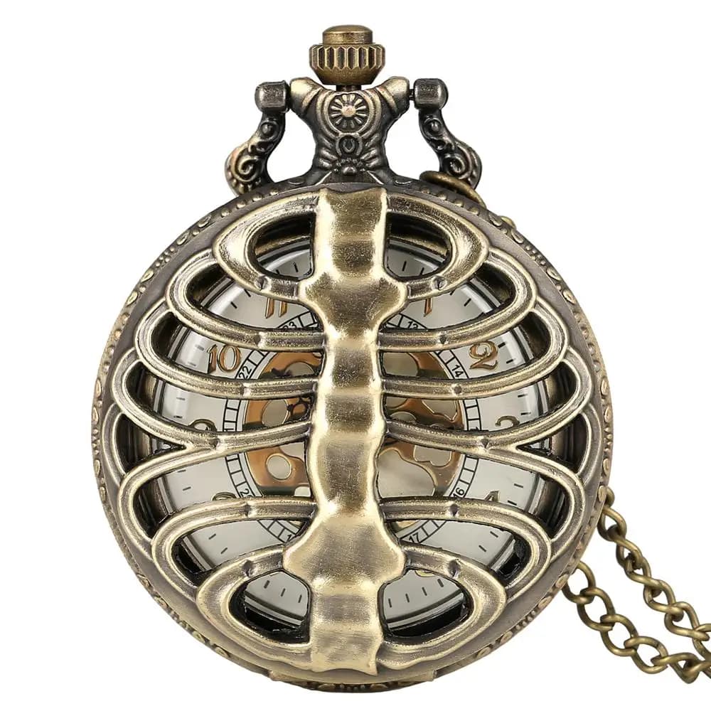 Antico Steampunk Bronzo Colonna vertebrale Costole Orologio da tasca al quarzo cavo Collana con ciondolo catena maglione Regali vintage per uomo donna