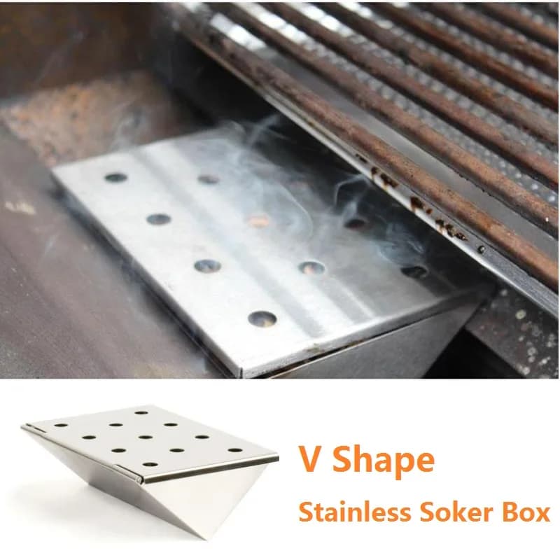 V-Shaped Stainless Steel Smoker Box Wood Chips BBQ Smoker Box with Lid For Flavor Wood Chips Pellets Grill Barbecue Accessories