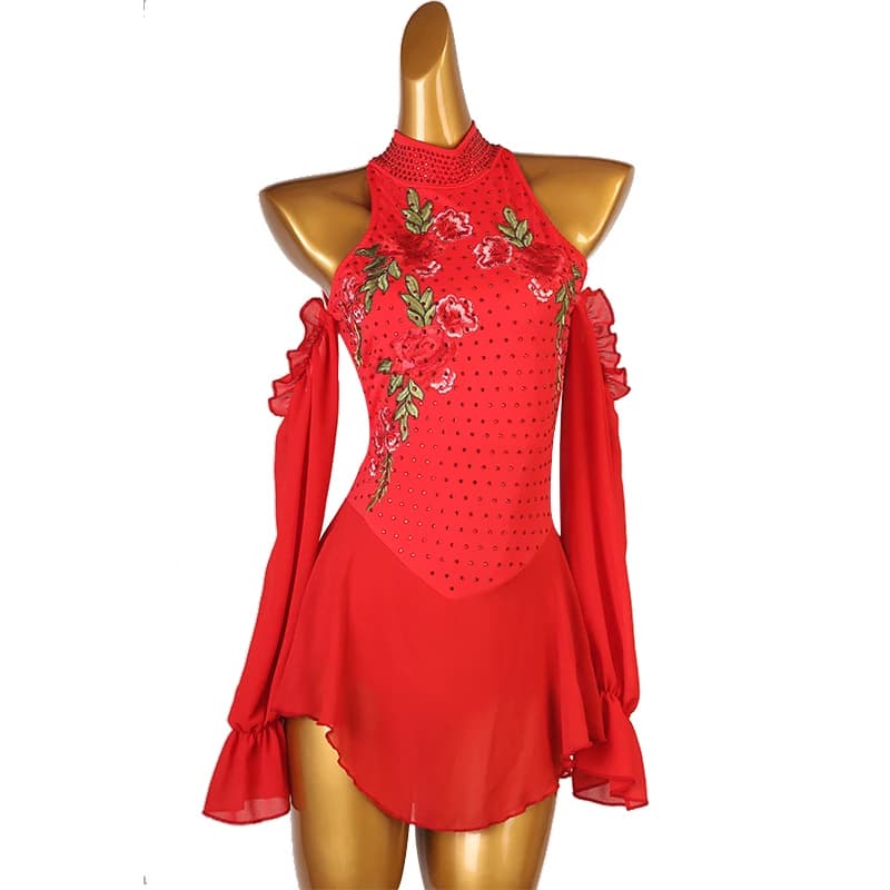 Abito da pattinaggio di figura rosso Abito da pattinaggio su ghiaccio per ragazza da donna Costume da ginnastica strass di cristallo personalizzato B278