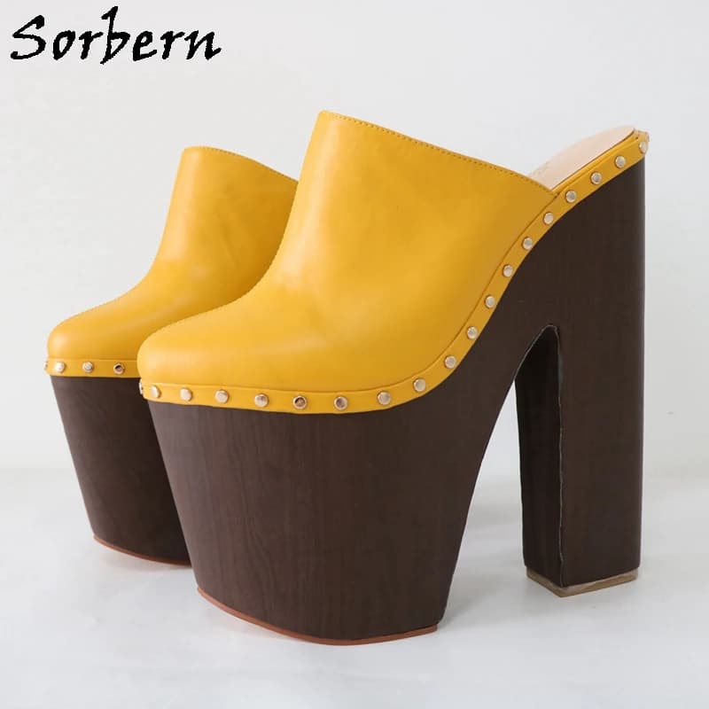 Sorbern scarpe con pompa giallo zenzero 24cm donna muli rivetto zoccoli Punk blocco stile legno tacchi larghi scarpa Unisex piattaforma spessa