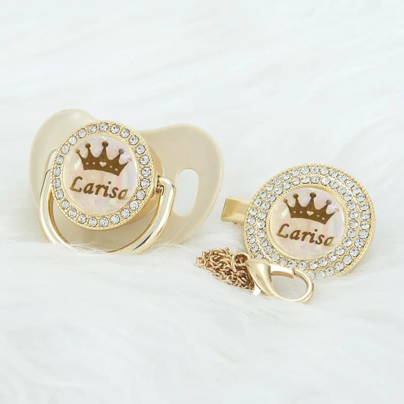 MIYOCAR Personalizzato Khaki bling corona nome bling ciuccio e clip ciuccio BPA manichino bling design unico PCG-1
