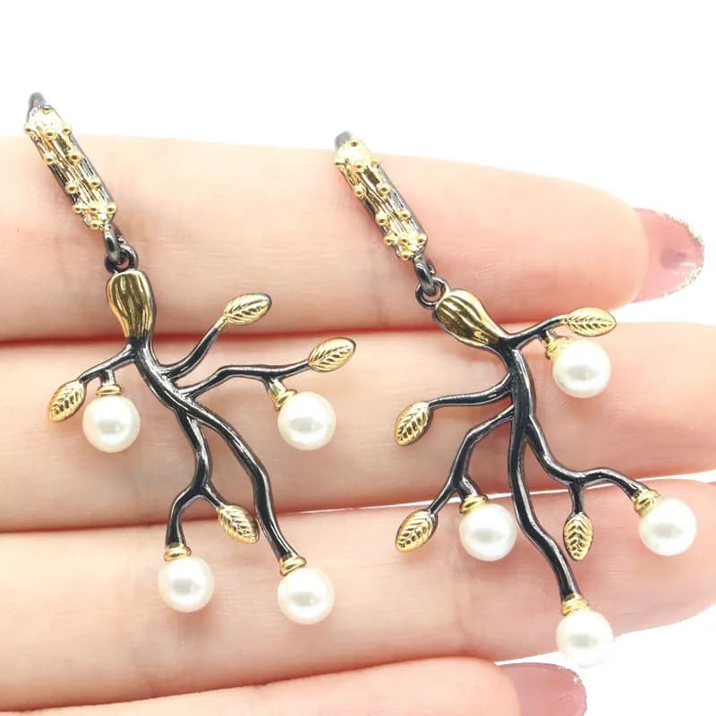 Buy 4 Get 1 Free 51x25mm Jzaza 5.4g Vintage White Pearl Black Metal Silver Earrings Daily Punk Hollow