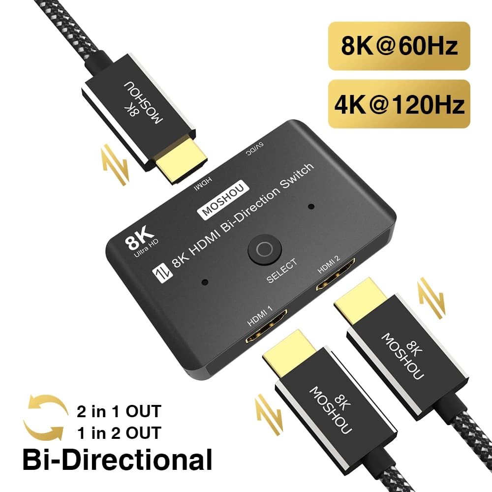 MOSHOU 8K@60Hz HDMI 2.1 Two-way Splitter Switch 2 in1 out 1in 2 out Switcher Ultra HD 4K@120Hz for PS5 Xbox Roku Apple TV