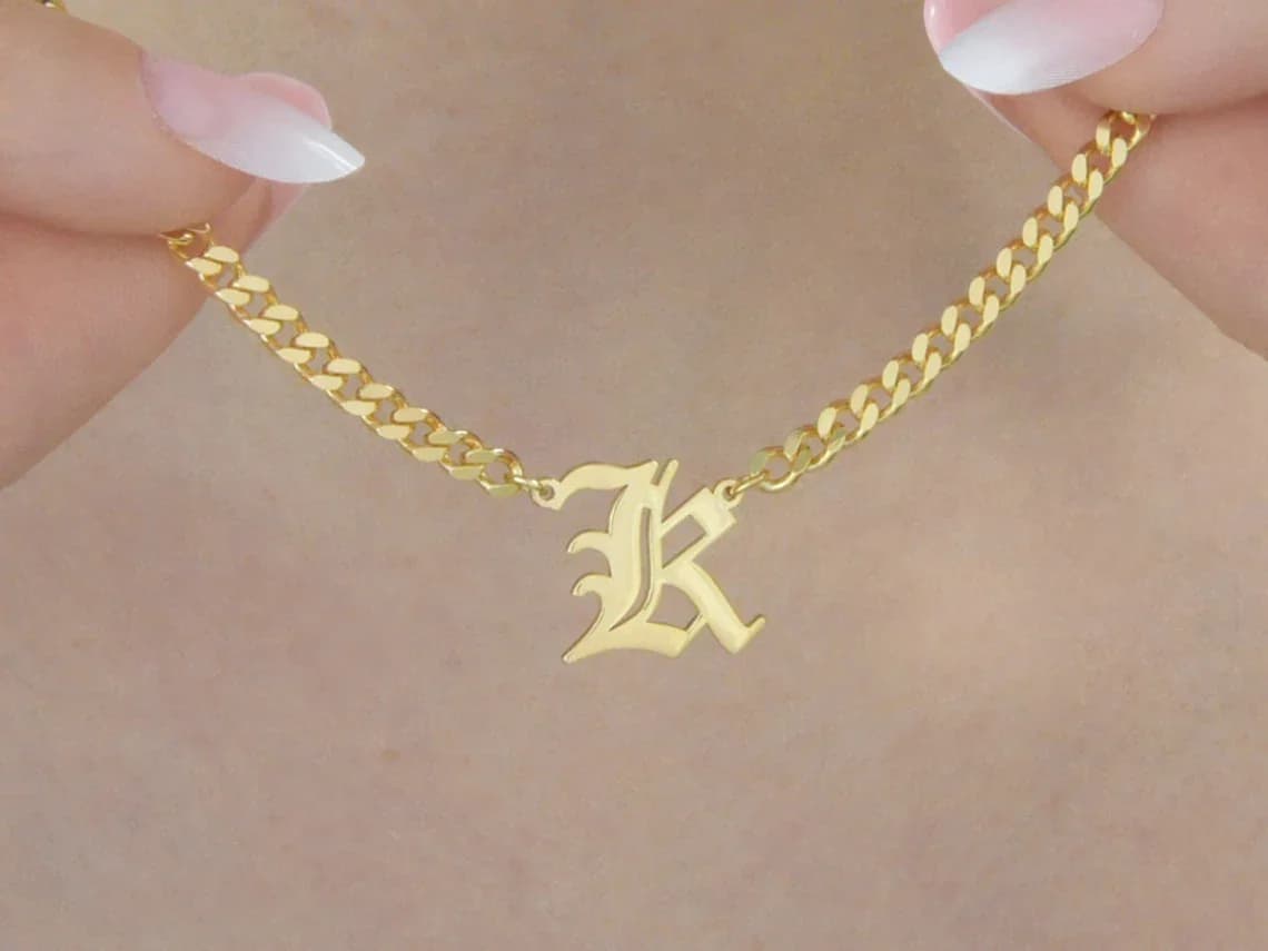 Vintage Initial Letter Necklace For Women Gold Stainless Steel Pendant Chain Choker Necklace Old English Goth Emo Jewelry Gift