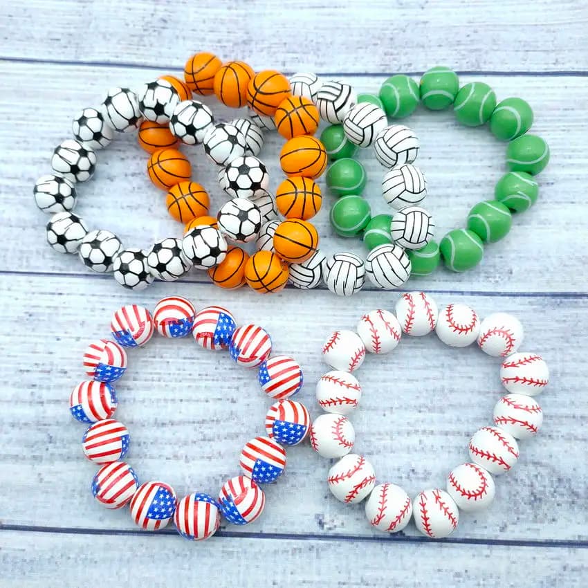 Fashionable Sports Bracelets for Women Design Simple Baseball Football Volleyball Printing Handmade Wooden Beads Stretch Bracelet 2022
