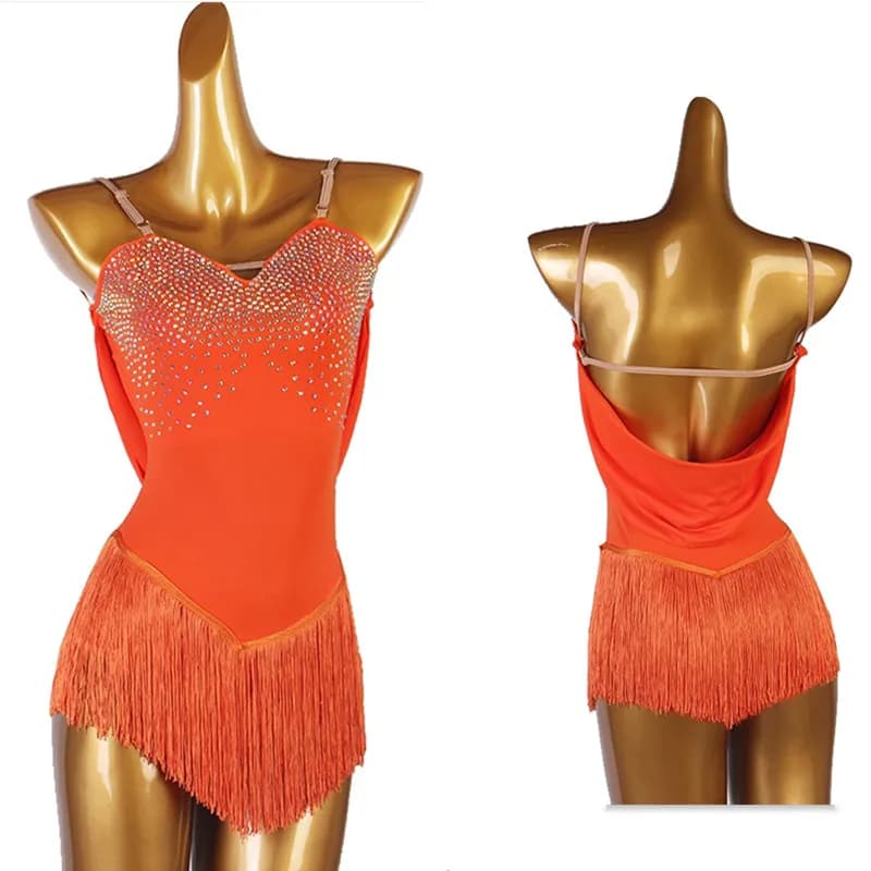 Abito da pattinaggio di figura con frange arancioni Abito da pattinaggio su ghiaccio per ragazza da donna Costume da ginnastica strass di cristallo personalizzato B056