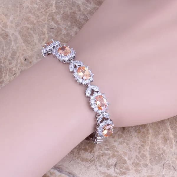 Bellissimo braccialetto a catena con catena a maglie in zirconia cubica bianca CZ, colore champagne, 7 pollici S0402