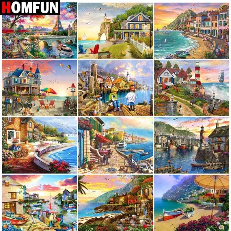 HOMFUN Pittura Diamante "La Casa Paesaggio" Punto Croce Foto Personalizzata Diamante Ricamo Quadrato Rotondo Trapano Decorazioni per la Casa