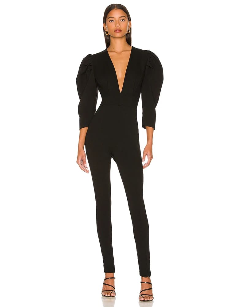 Tuta con fasciatura manica a sbuffo donna estate nero solido scollo a V tute pantaloni a matita Sexy elegante festa abiti monopezzo