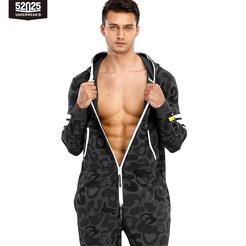 52025 Tuta mimetica da uomo con cappuccio – Pigiama in cotone monopezzo, tutina da salotto accogliente per la casa, elegante set pigiama con cappuccio