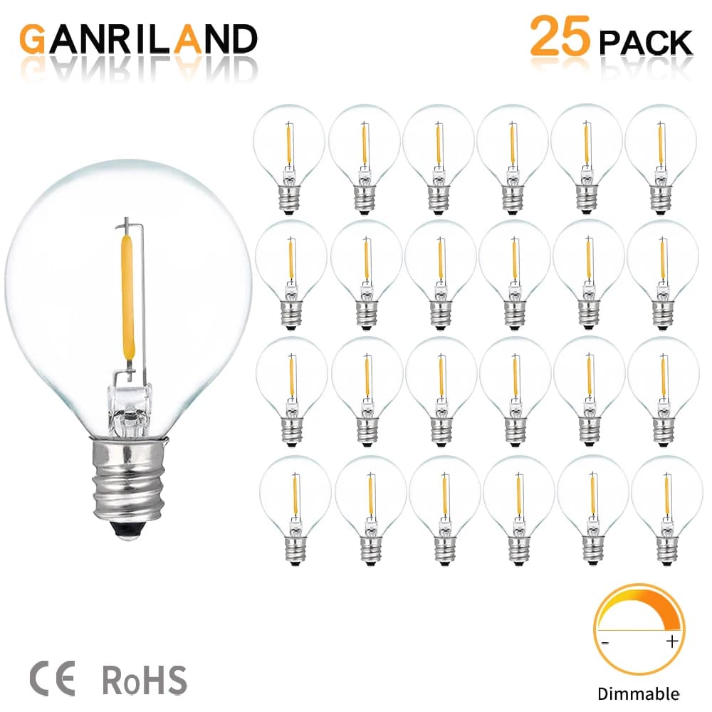 25 pz G40 1W LED String Lights lampadina di ricambio E12 vite 220V 110V bianco caldo 2200K vetro ambrato sostituire 7W lampadine a incandescenza