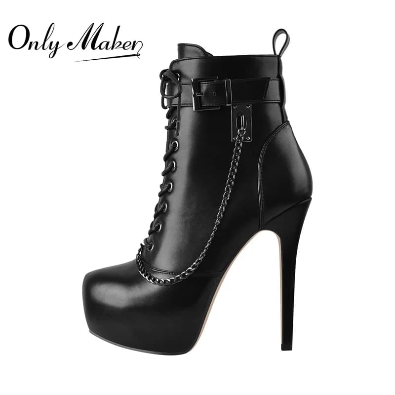 Onlymaker Donna Tacchi alti sottili Stringati Piattaforma interna Decorazione con catena in metallo Stivaletti alla caviglia Fibbia Scarpe nere opache Cerniera