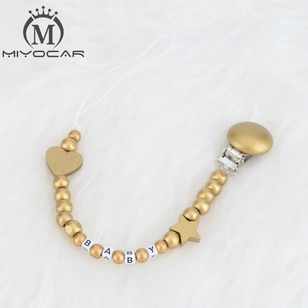 MIYOCAR personalizzato qualsiasi nome tutto in oro di lusso di perline di legno clip di manichino ciuccio clip di supporto/Teethers clip per il bambino