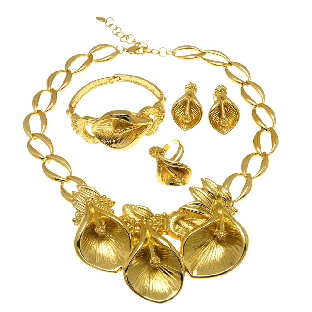 Fashion Women's Gold Plated Necklace Earrings Jewelry Set Flower Bud Earrings Ring Party Jewelry Set Exaggerated Design Banquet